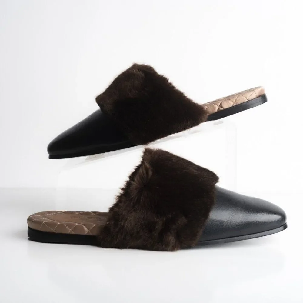 Gucci Mens Black Leather Mules Slippers Faux Fur Quilted Limed ed US 8.5 New
